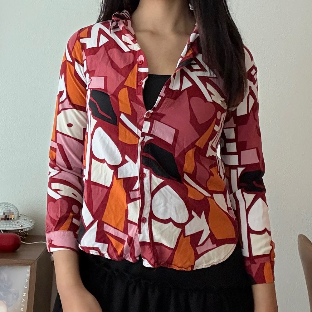 Big Dart Abstract Geometric Heart Lip Print Button‎ Down Viscose Shirt Red UK 10